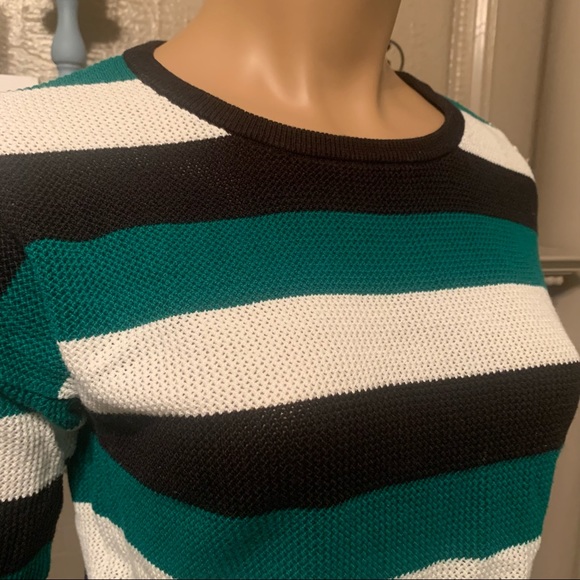 White, Green, Black Stripe Textured Sweater - Picture 2 of 5